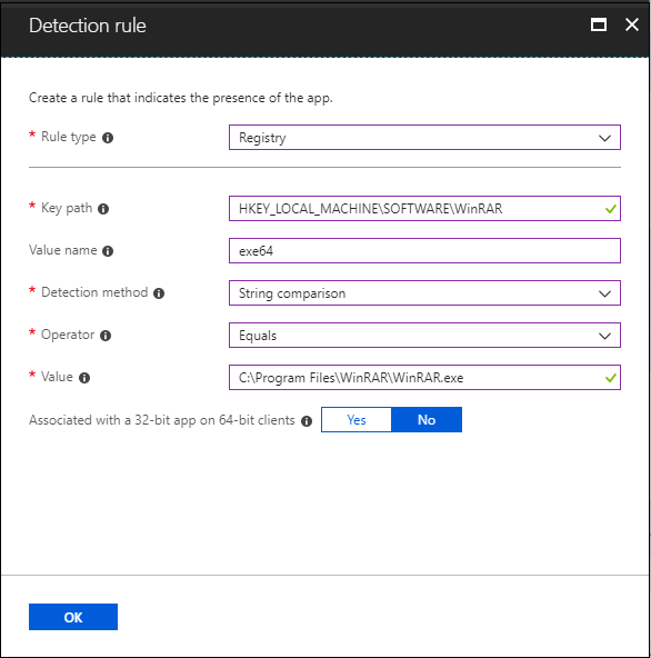 Configuration d’une règle de détection registre dans Intune